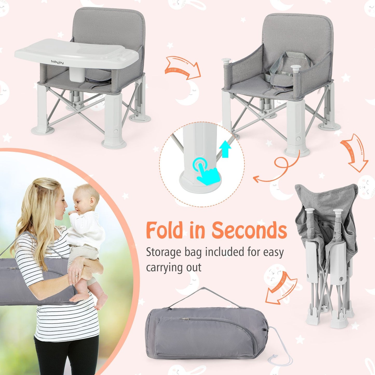 Portable Baby Booster Seat with Straps and Double Tray, Gray