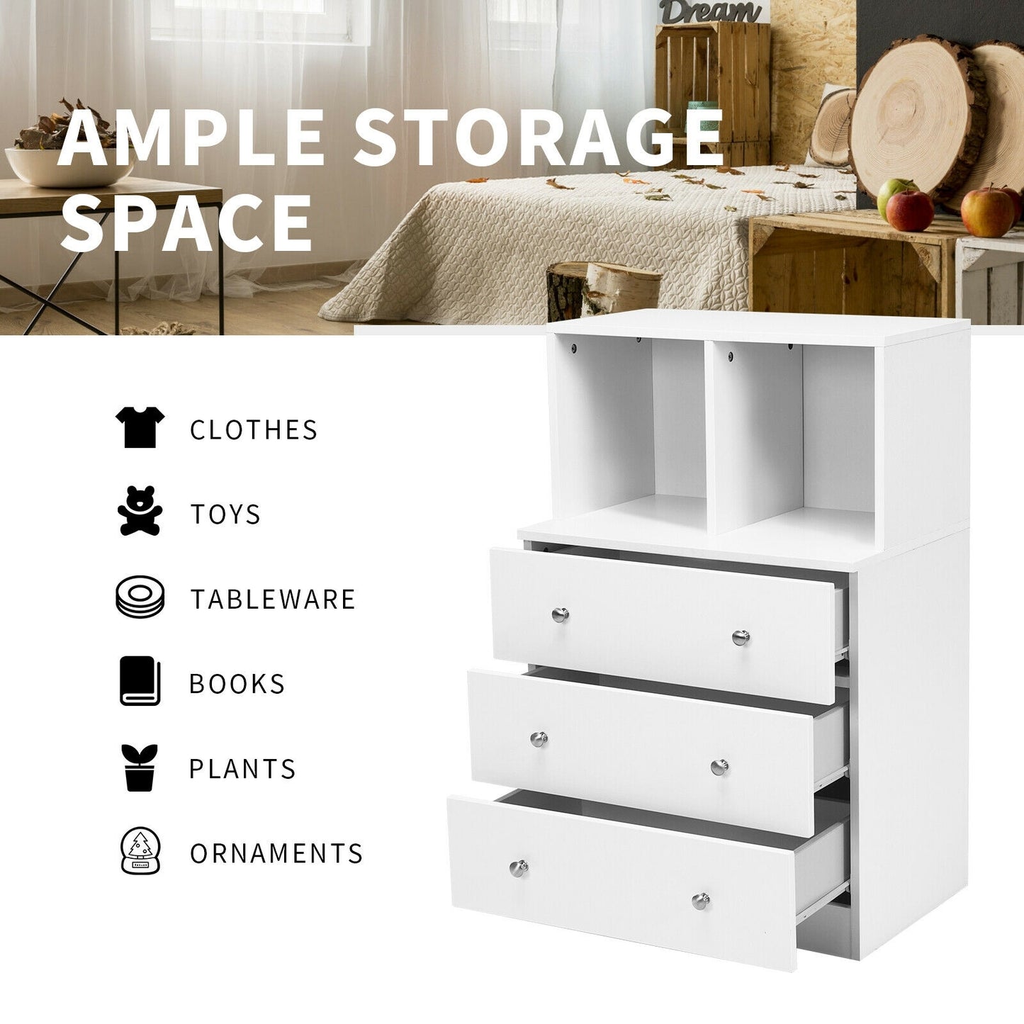 3 Drawer Dresser With Cubbies Storage Chest, White Dressers & Chests at Gallery Canada
