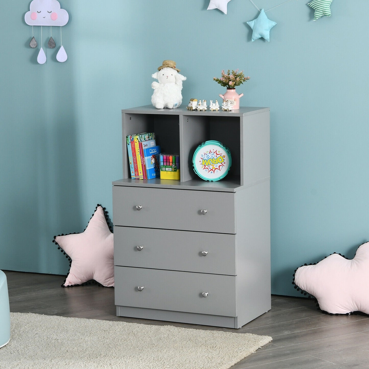 3 Drawer Dresser with Cubbies Storage Chest for Bedroom Living Room, Gray Dressers & Chests at Gallery Canada