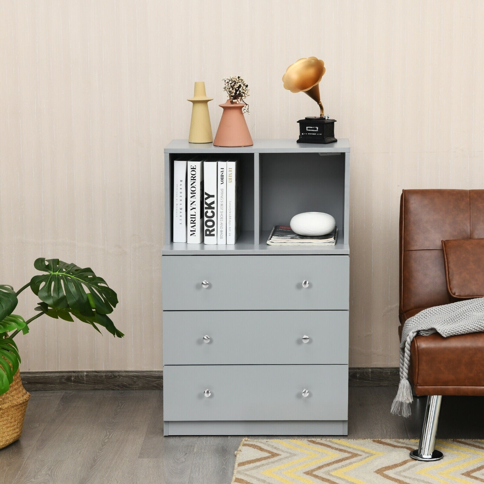 3 Drawer Dresser with Cubbies Storage Chest for Bedroom Living Room, Gray Dressers & Chests at Gallery Canada