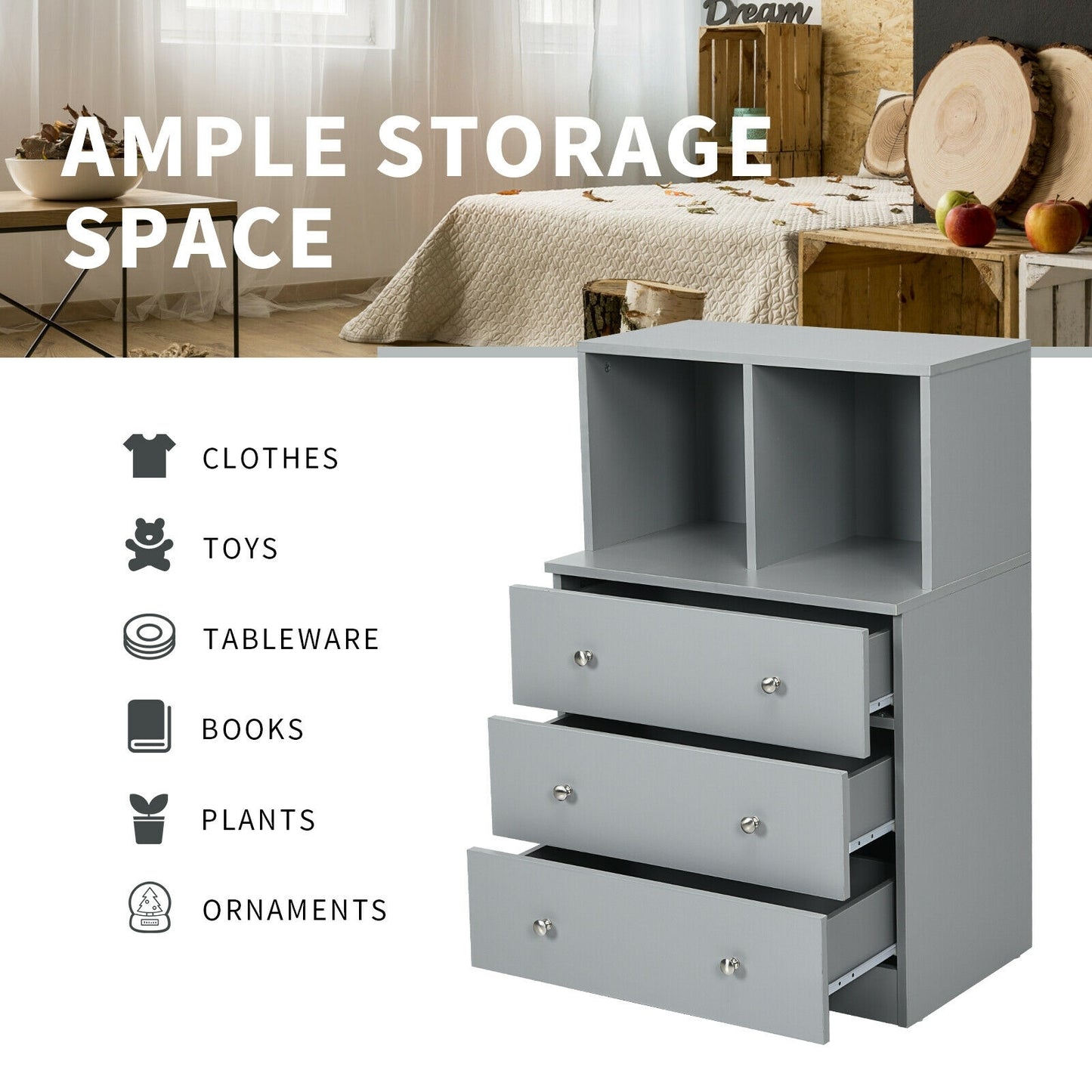 3 Drawer Dresser with Cubbies Storage Chest for Bedroom Living Room, Gray Dressers & Chests at Gallery Canada