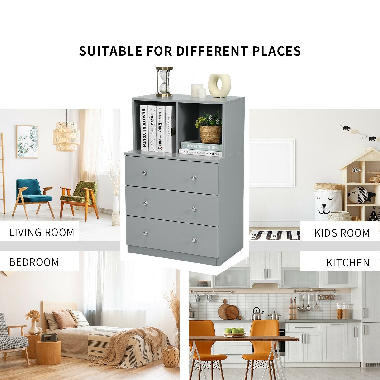 3 Drawer Dresser with Cubbies Storage Chest for Bedroom Living Room, Gray Dressers & Chests at Gallery Canada
