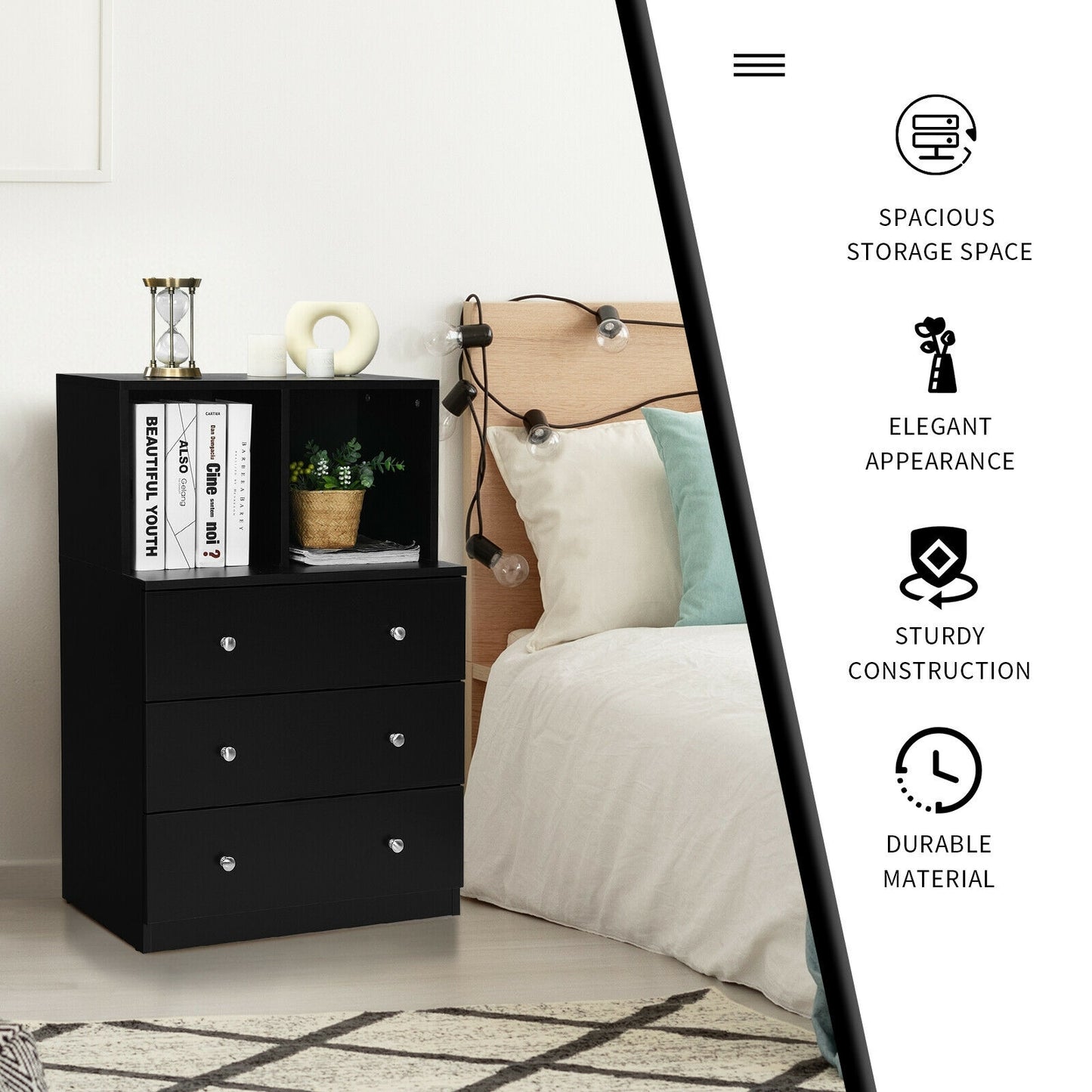 3 Drawer Dresser With Cubbies Storage Chest, Black Dressers & Chests at Gallery Canada