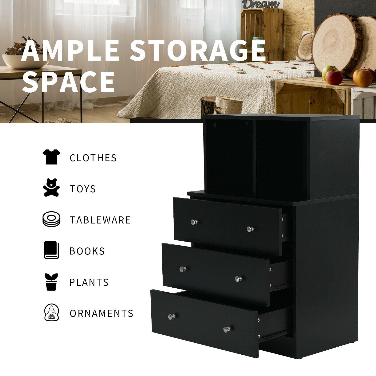 3 Drawer Dresser With Cubbies Storage Chest, Black Dressers & Chests at Gallery Canada