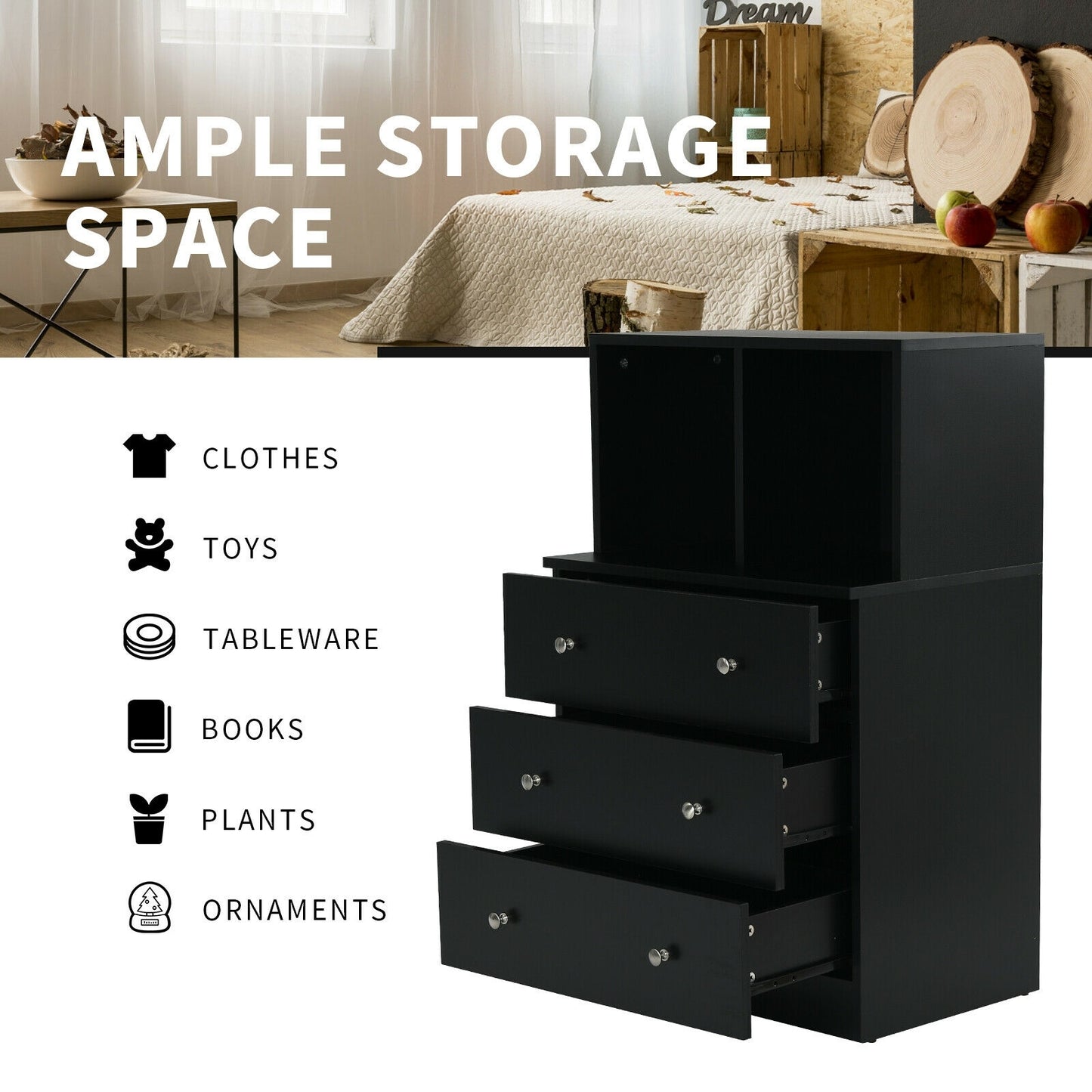 3 Drawer Dresser With Cubbies Storage Chest, Black Dressers & Chests at Gallery Canada
