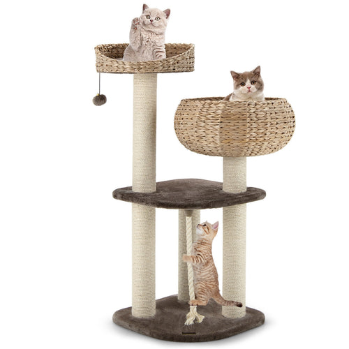 41 Inch Rattan Cat Tree, Napping Perch, Beige