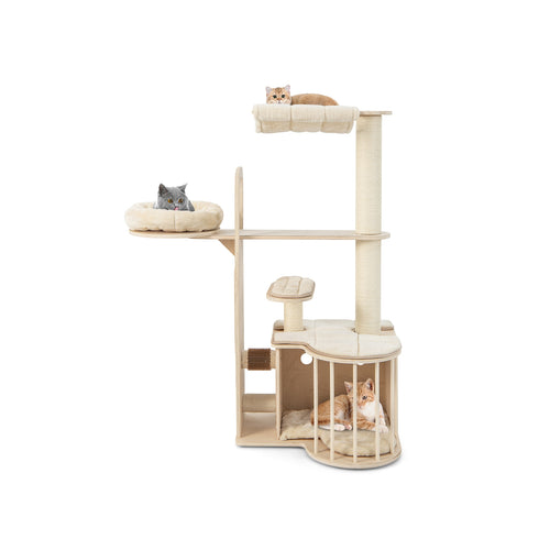 55 Inch Tall Multi-Level Cat Tree, Washable Removable Cushions, Natural