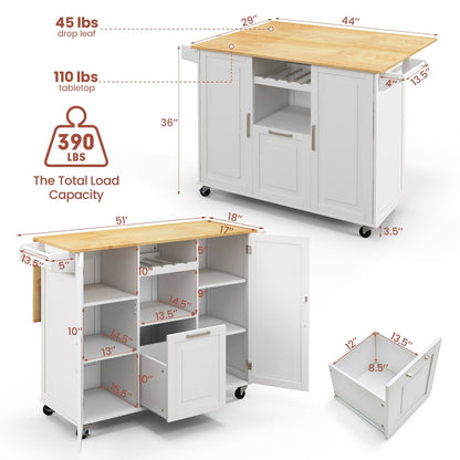 Rolling Kitchen Island Cart with Drop-Leaf Countertop ad Towel Bar, White