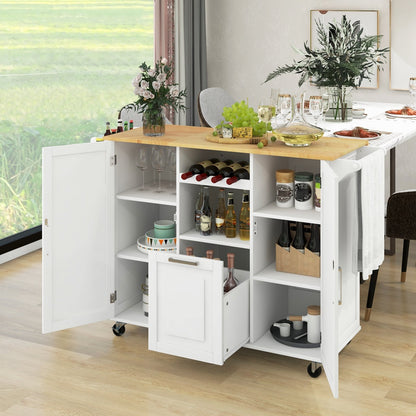 Rolling Kitchen Island Cart with Drop-Leaf Countertop ad Towel Bar, White