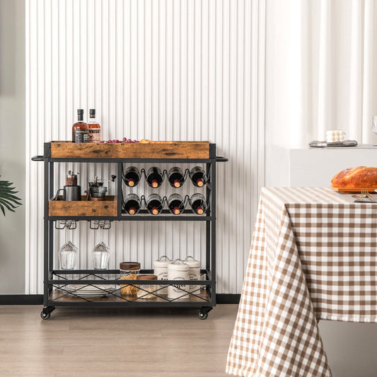 3-Tier Rolling Bar Cart with Removable Tray and Wine Rack, Rustic Brown - Gallery Canada
