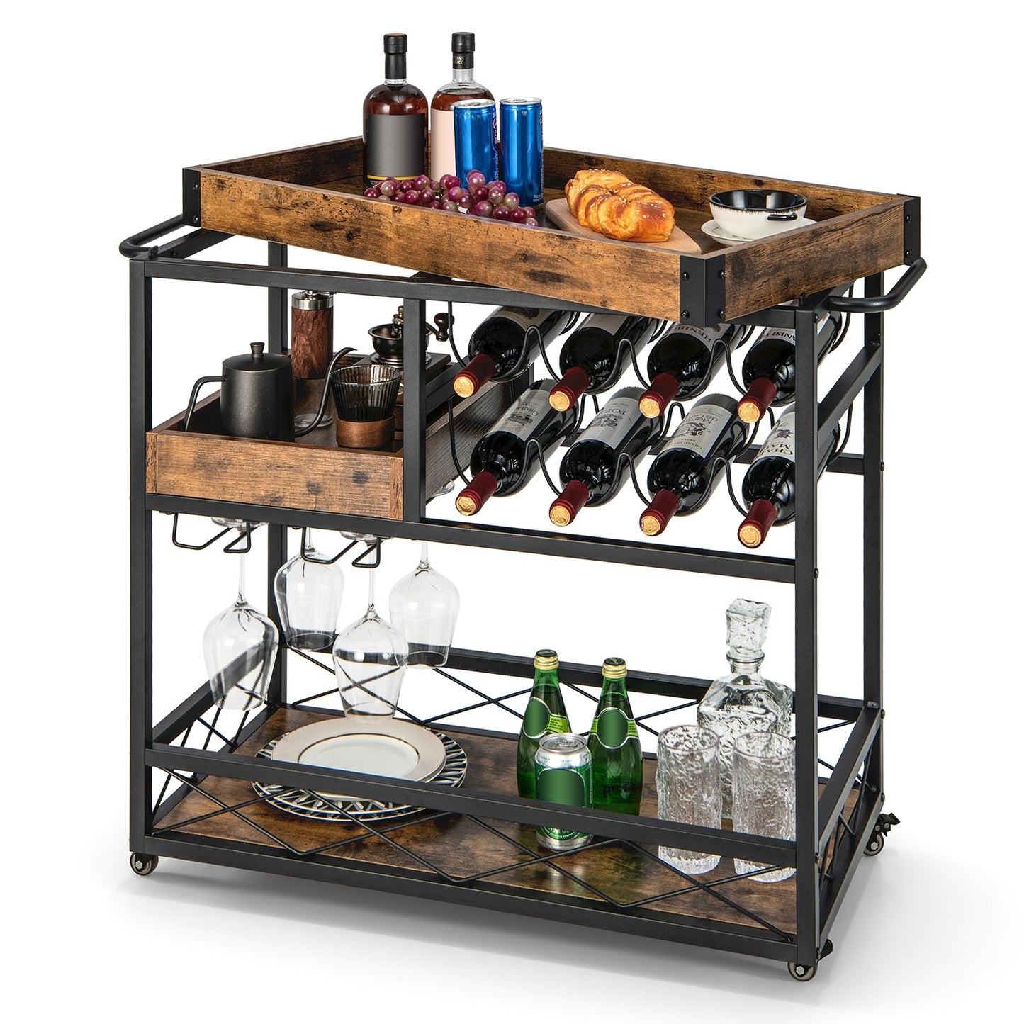 3-Tier Rolling Bar Cart with Removable Tray and Wine Rack, Rustic Brown