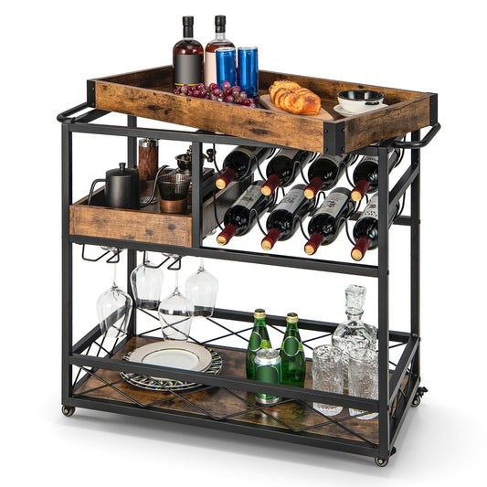 3-Tier Rolling Bar Cart with Removable Tray and Wine Rack, Rustic Brown - Gallery Canada