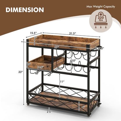 3-Tier Rolling Bar Cart with Removable Tray and Wine Rack, Rustic Brown