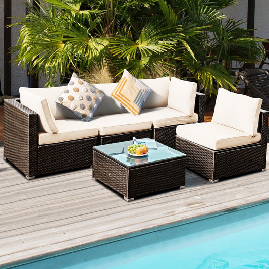 5 Pieces Cushioned Patio Rattan Furniture Set with Glass Table, White Outdoor Sectionals White at Gallery Canada
