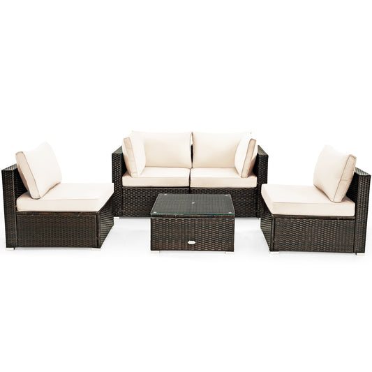 5-Piece Patio Rattan Furniture Set, Glass Table, White Outdoor Sectionals White at Gallery Canada