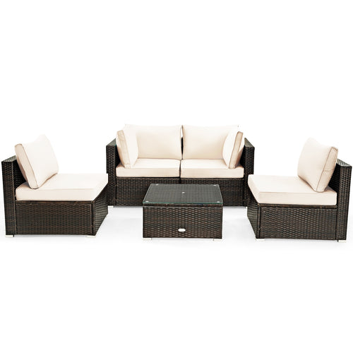 5-Piece Patio Rattan Furniture Set, Glass Table, White
