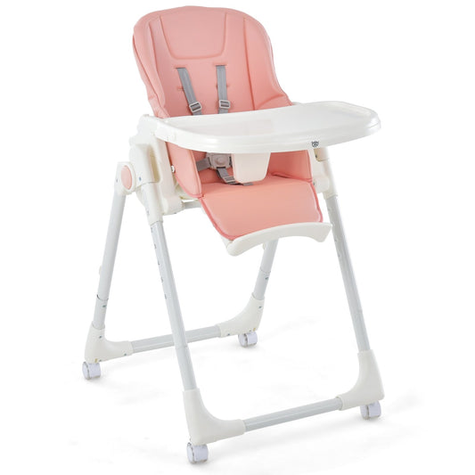 Folding High Chair with Height Adjustment and 360° Rotating Wheels, Pink - Gallery Canada