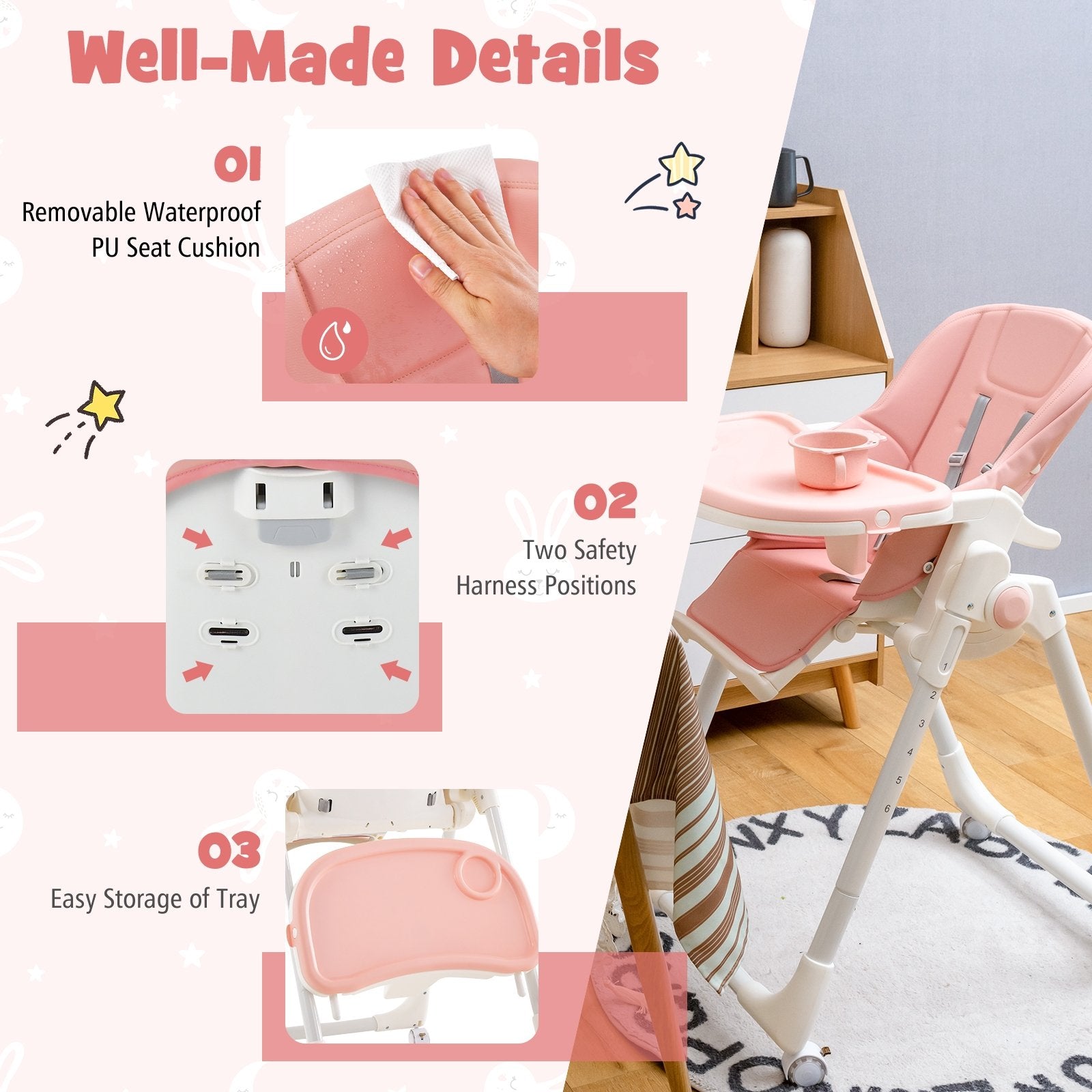 Folding High Chair with Height Adjustment and 360° Rotating Wheels, Pink at Gallery Canada