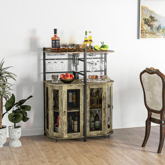 Industrial Corner Bar Cabinet with Glass Holder and Adjustable Shelf, Taupe - Gallery Canada