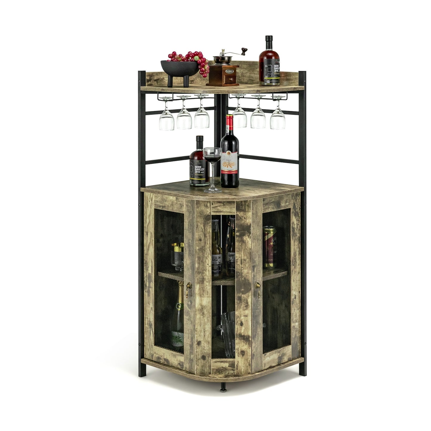 Industrial Corner Bar Cabinet, Adjustable Shelf, Glass Holder, Taupe Cabinets & Chests Taupe at Gallery Canada