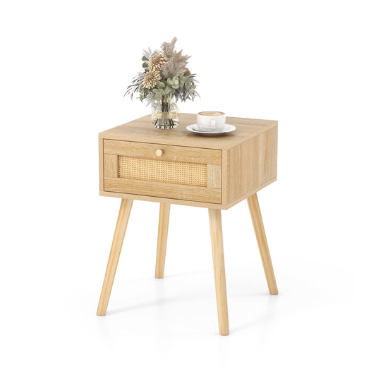 Modern Rattan Nightstand with Drawer and Solid Wood Legs for Bedroom and Living Room, Natural - Gallery Canada