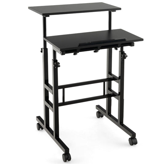 Height Adjustable Mobile Standing Desk with Rolling Wheels for Office and Home, Black
