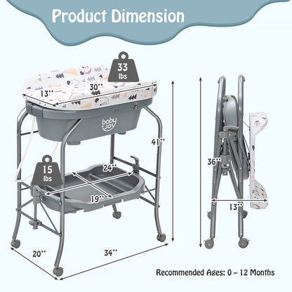 Portable Baby Changing Table with Storage Basket and Shelves, Gray