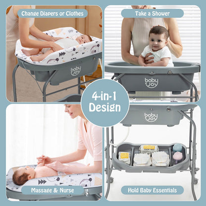 Portable Baby Changing Table with Storage Basket and Shelves, Gray