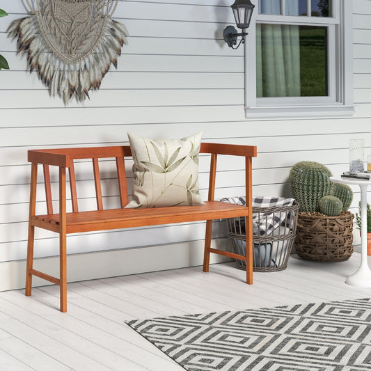 Outdoor Acacia Wood Bench with Backrest and Armrests, Natural - Gallery Canada