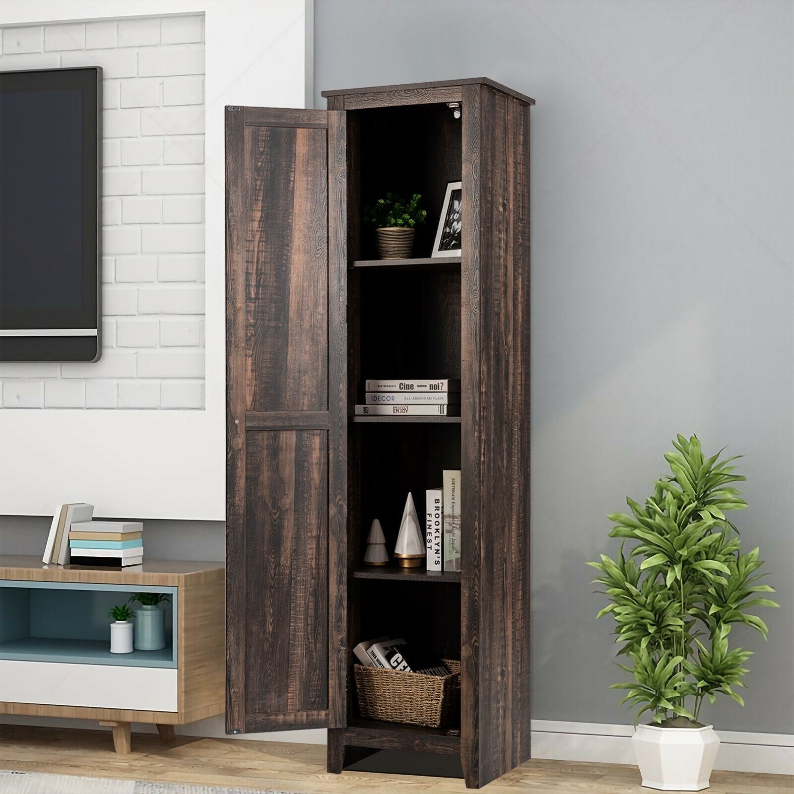 Tall Slim Linen Tower Bathroom Storage Cabinet, Walnut Floor Cabinets at Gallery Canada