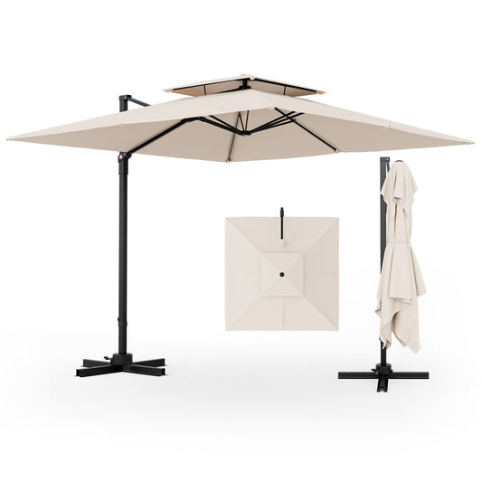 9.5 Feet Cantilever Patio Umbrella, 360° Rotation, Double Top, Beige Outdoor Umbrellas Beige at Gallery Canada