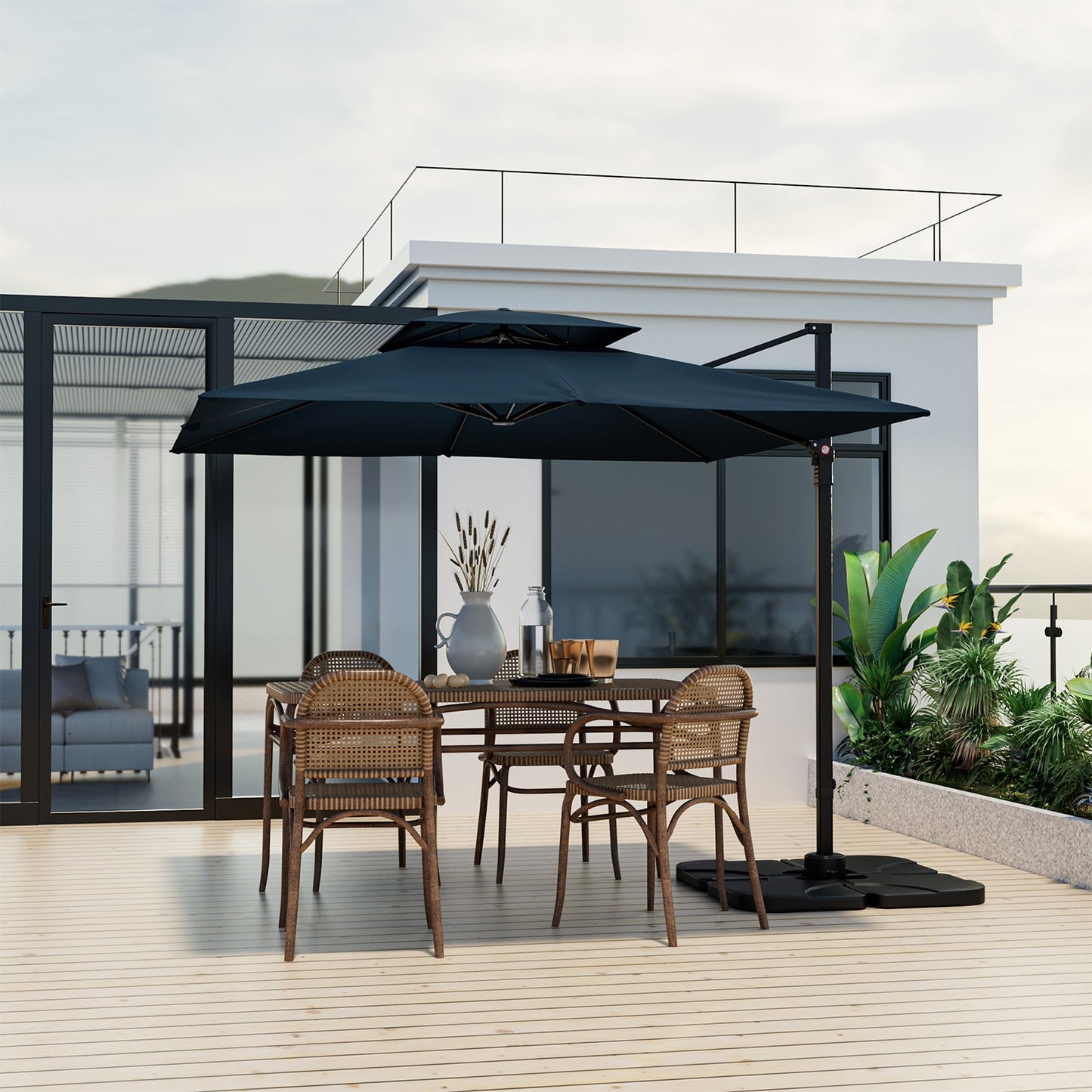 9.5 Feet Cantilever Patio Umbrella with 360° Rotation and Double Top, Navy Outdoor Umbrellas at Gallery Canada
