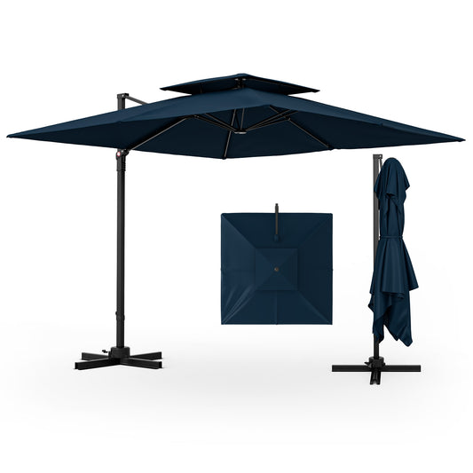 9.5 Feet Cantilever Patio Umbrella, 360° Rotation, Double Top, Navy Outdoor Umbrellas Navy at Gallery Canada