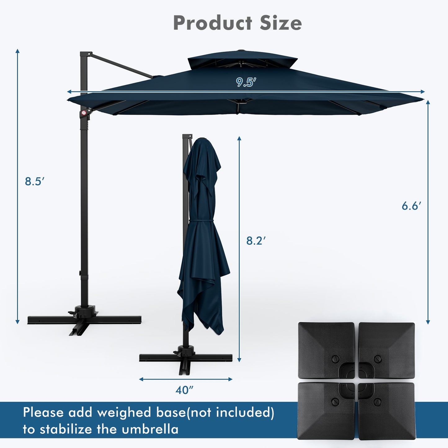 9.5 Feet Cantilever Patio Umbrella with 360° Rotation and Double Top, Navy Outdoor Umbrellas at Gallery Canada