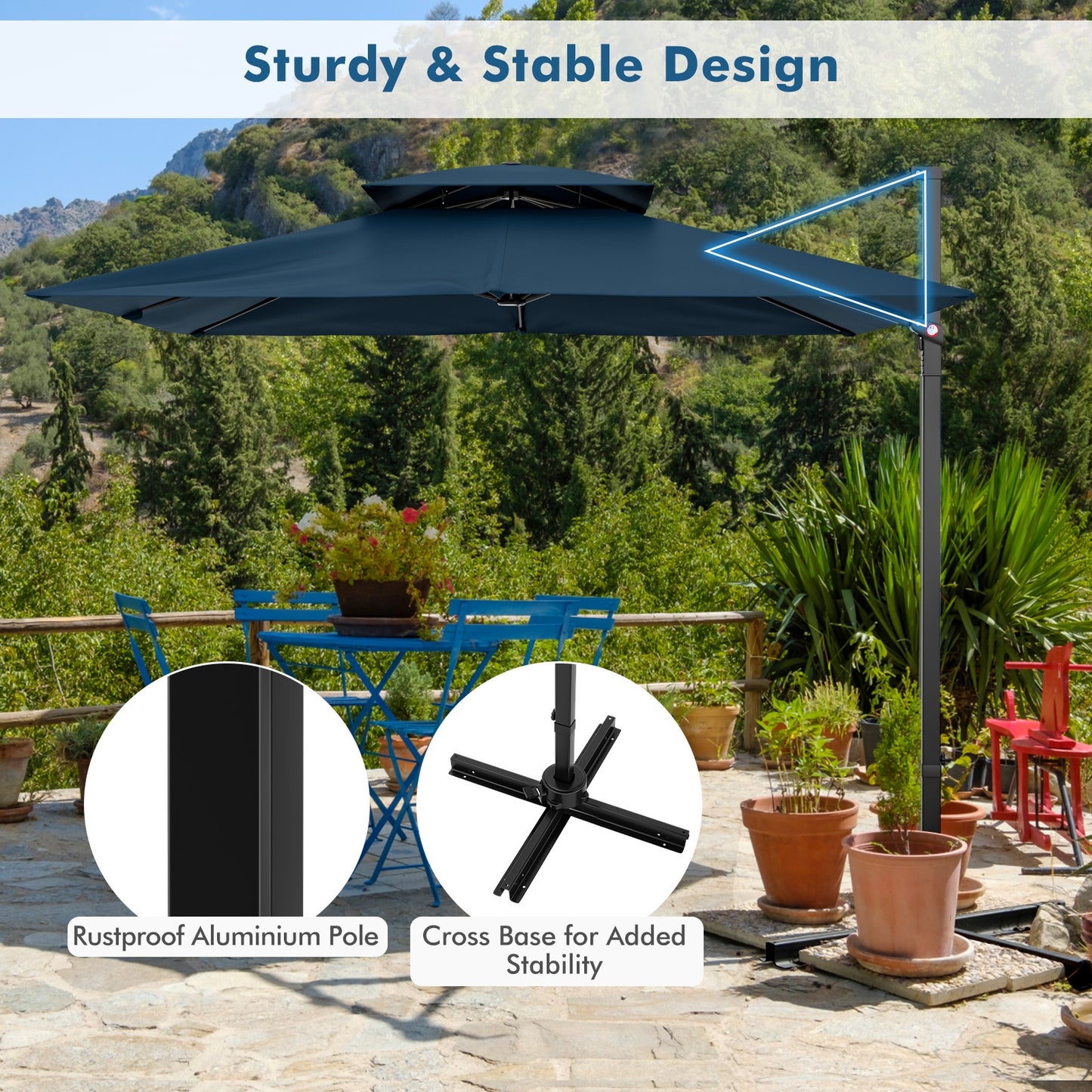 9.5 Feet Cantilever Patio Umbrella with 360° Rotation and Double Top, Navy Outdoor Umbrellas at Gallery Canada