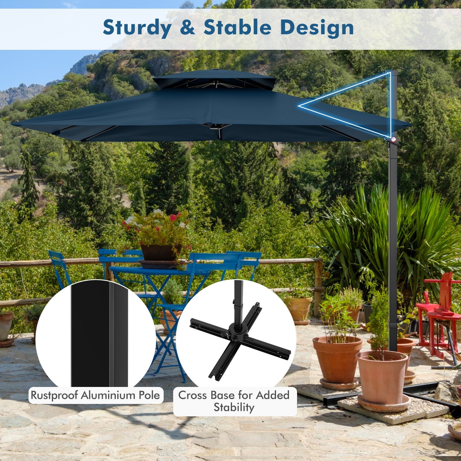9.5 Feet Cantilever Patio Umbrella with 360° Rotation and Double Top, Navy Outdoor Umbrellas at Gallery Canada