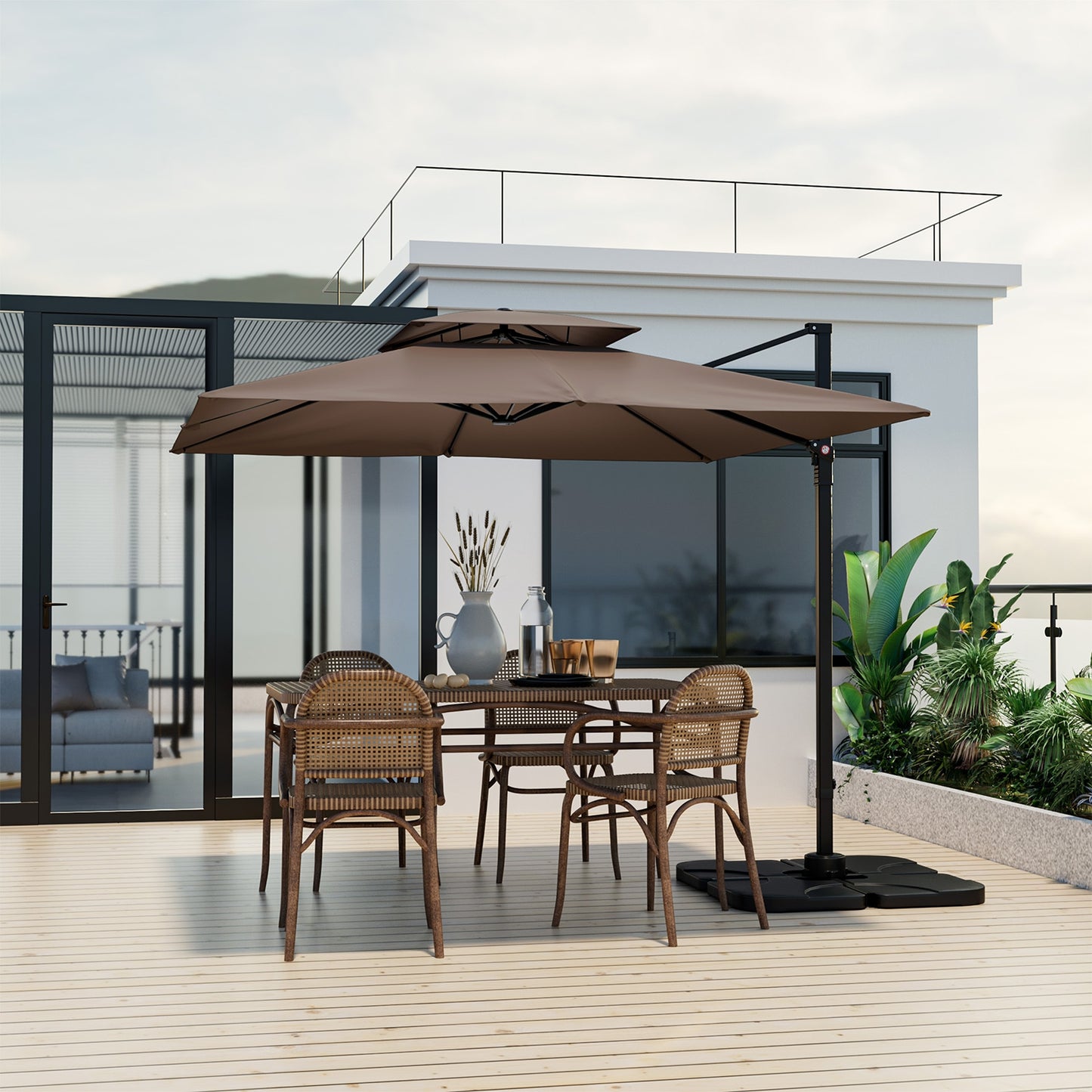 9.5 Feet Cantilever Patio Umbrella with 360° Rotation and Double Top, Coffee Outdoor Umbrellas at Gallery Canada