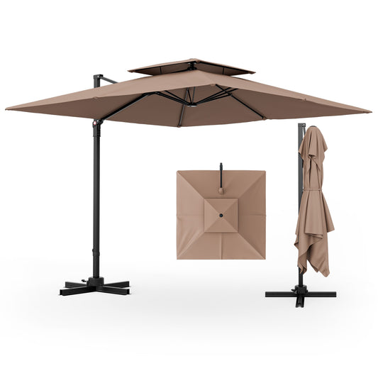 9.5 Feet Cantilever Patio Umbrella, 360° Rotation, Double Top, Coffee Outdoor Umbrellas Coffee at Gallery Canada