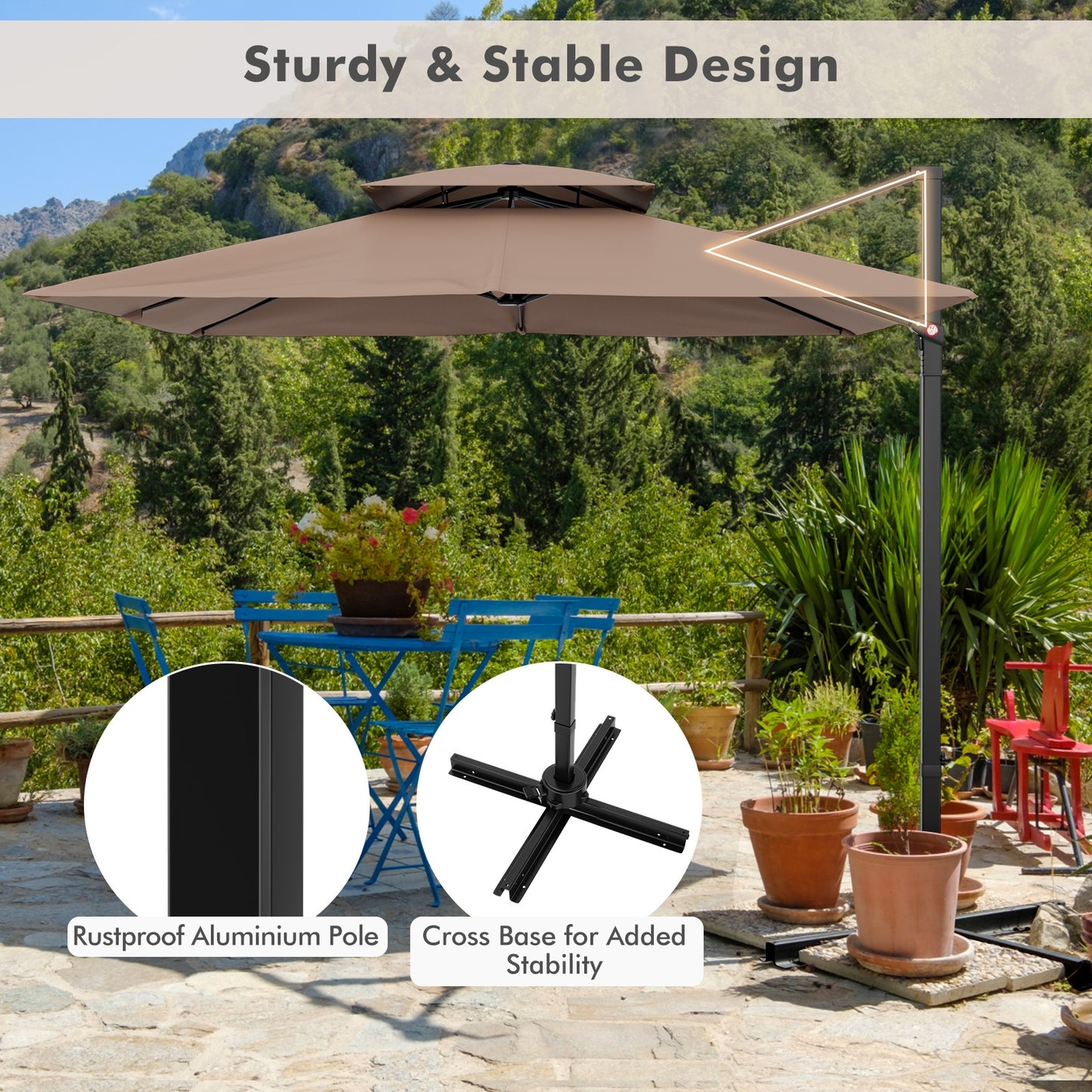 9.5 Feet Cantilever Patio Umbrella with 360° Rotation and Double Top, Coffee Outdoor Umbrellas at Gallery Canada