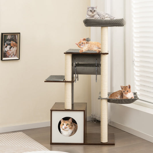 53 Inch Cat Tree with Condo and Swing Tunnel, Gray - Gallery Canada