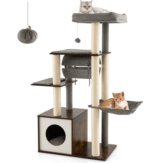 53 Inch Cat Tree with Condo and Swing Tunnel, Gray - Gallery Canada