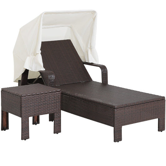 Outdoor Chaise Lounge Chair and Table Set with Folding Canopy and Armrests, Brown - Gallery Canada