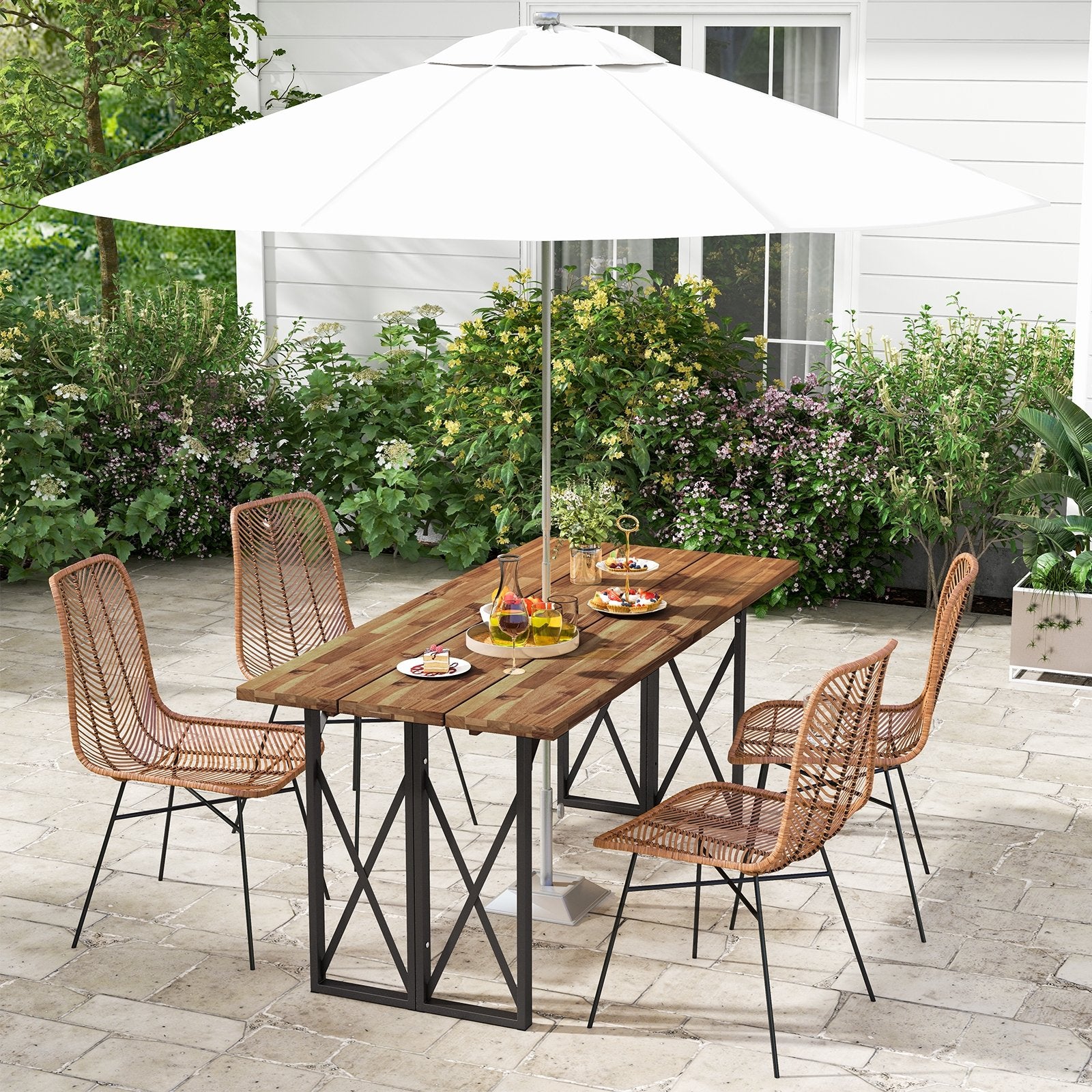 67 Inch Patio Rectangle Acacia Wood Dining Table with Umbrella Hole, Brown Patio Dining Tables at Gallery Canada