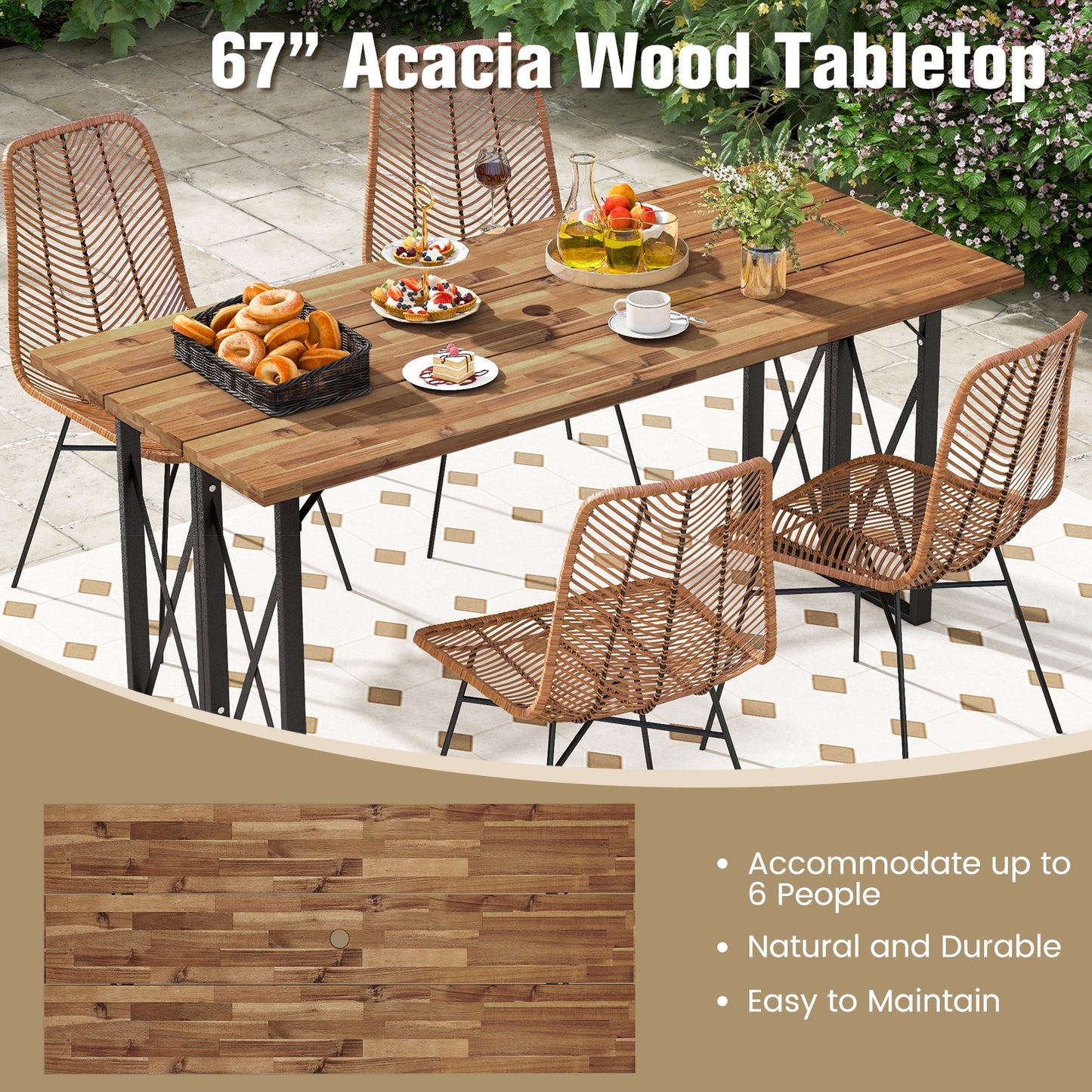67 Inch Patio Rectangle Acacia Wood Dining Table with Umbrella Hole, Brown Patio Dining Tables at Gallery Canada