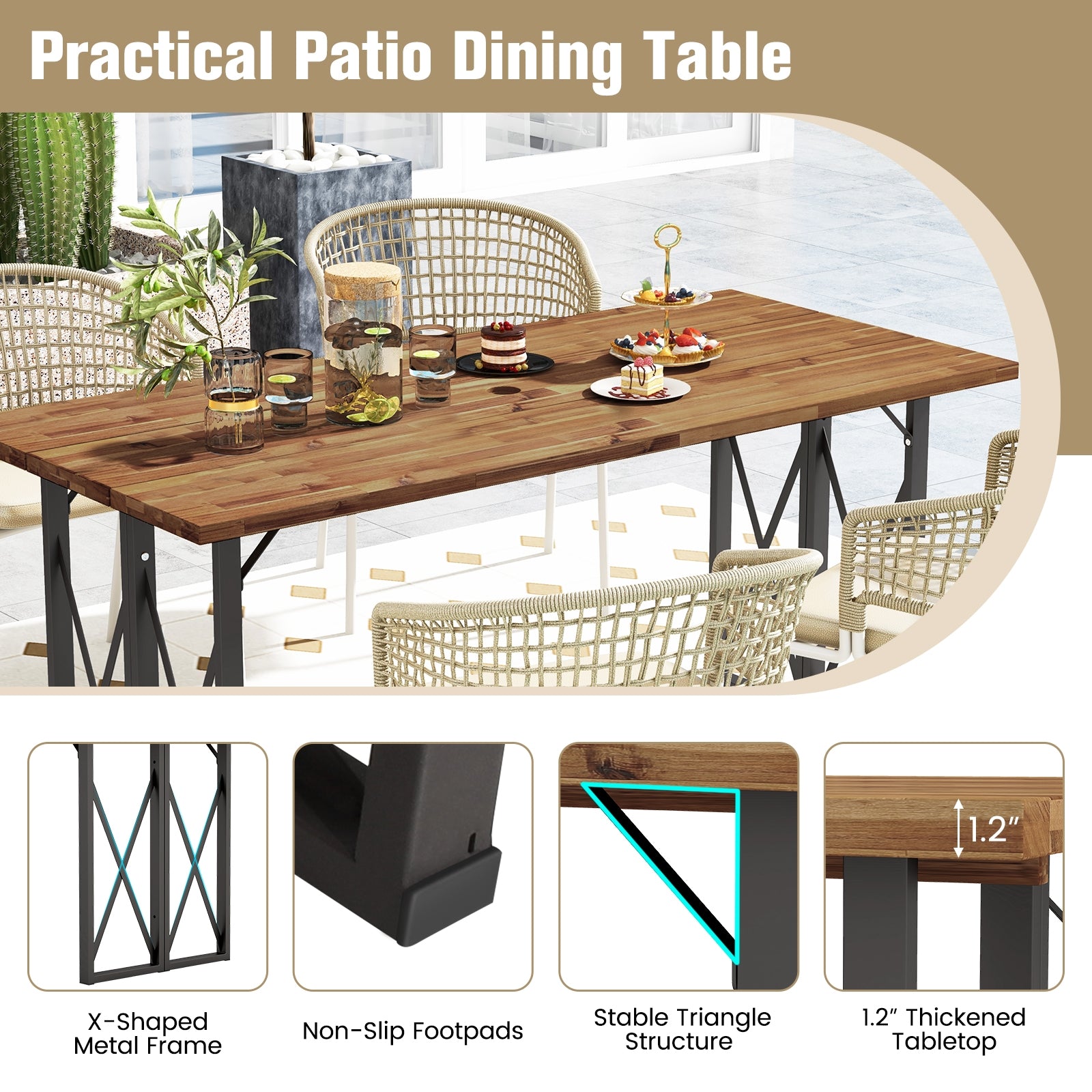 67 Inch Patio Rectangle Acacia Wood Dining Table with Umbrella Hole, Brown Patio Dining Tables at Gallery Canada