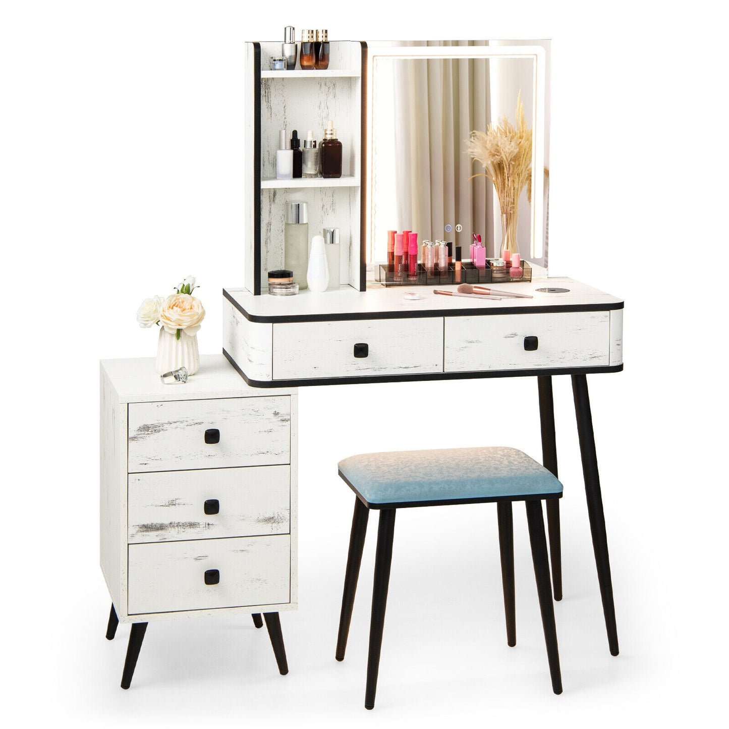 Vanity Makeup Table Set with Lighted Mirror, White Makeup Vanities White at Gallery Canada