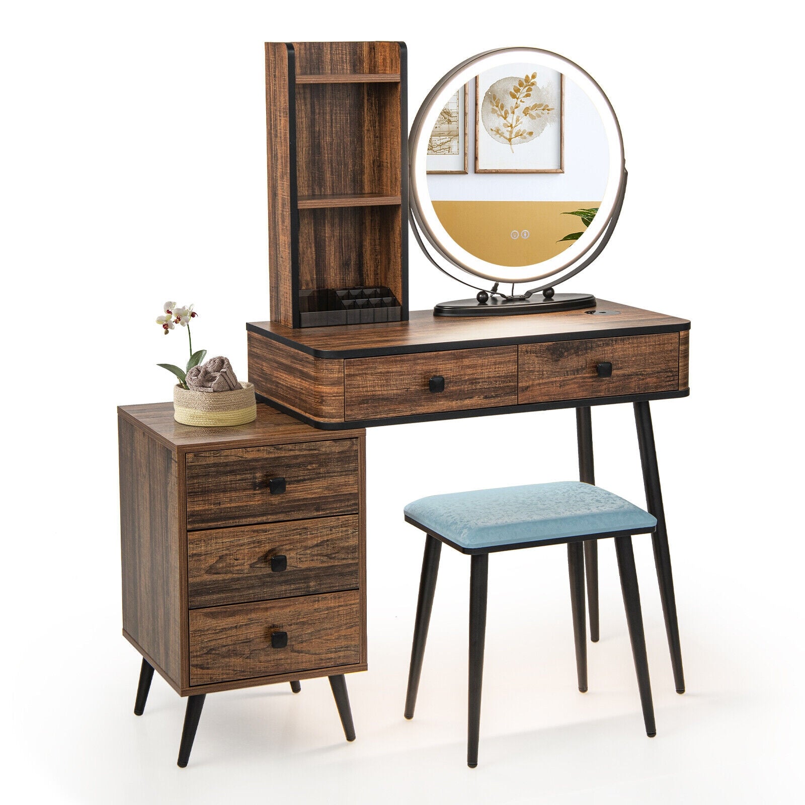 Vanity Table Set with 3-Color Lighted Mirror and Cushioned Stool, Rustic Brown Makeup Vanities Rustic Brown at Gallery Canada