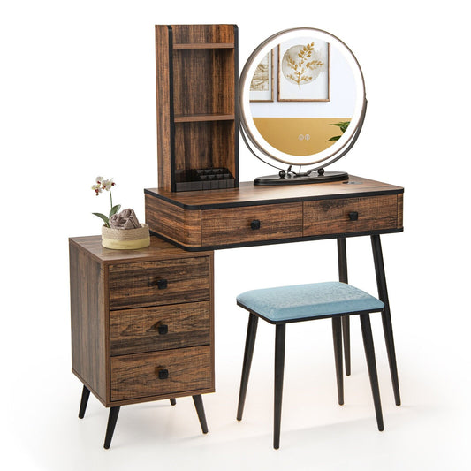 Vanity Table Set with 3-Color Lighted Mirror and Cushioned Stool, Rustic Brown - Gallery Canada