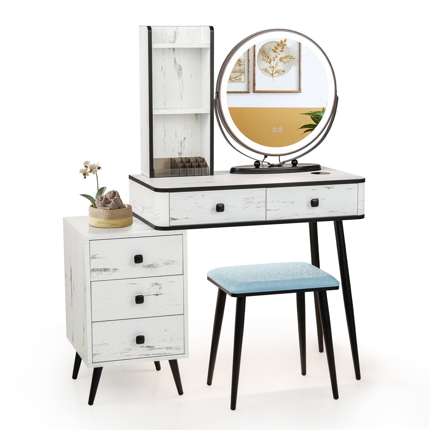 Vanity Table Set with 3-Color Lighted Mirror and Cushioned Stool, White Makeup Vanities White at Gallery Canada