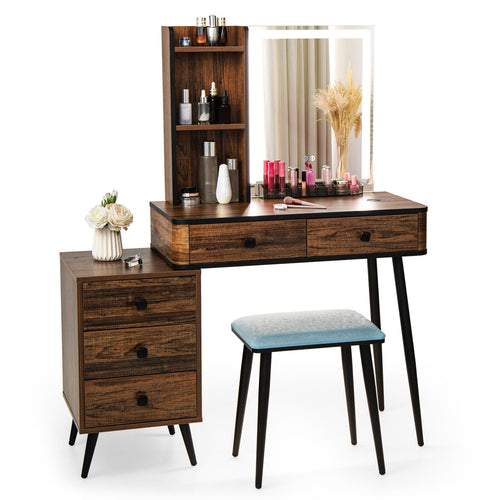 Vanity Makeup Table Set With Lighted Mirror, Brown
